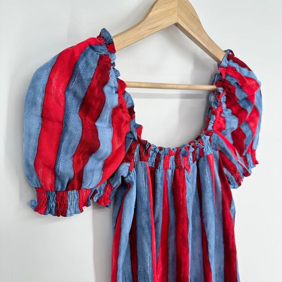 Tuckernuck Pomander Place Mini Dress Linen Blend Puff Sleeve Painterly Striped - Picture 9 of 14